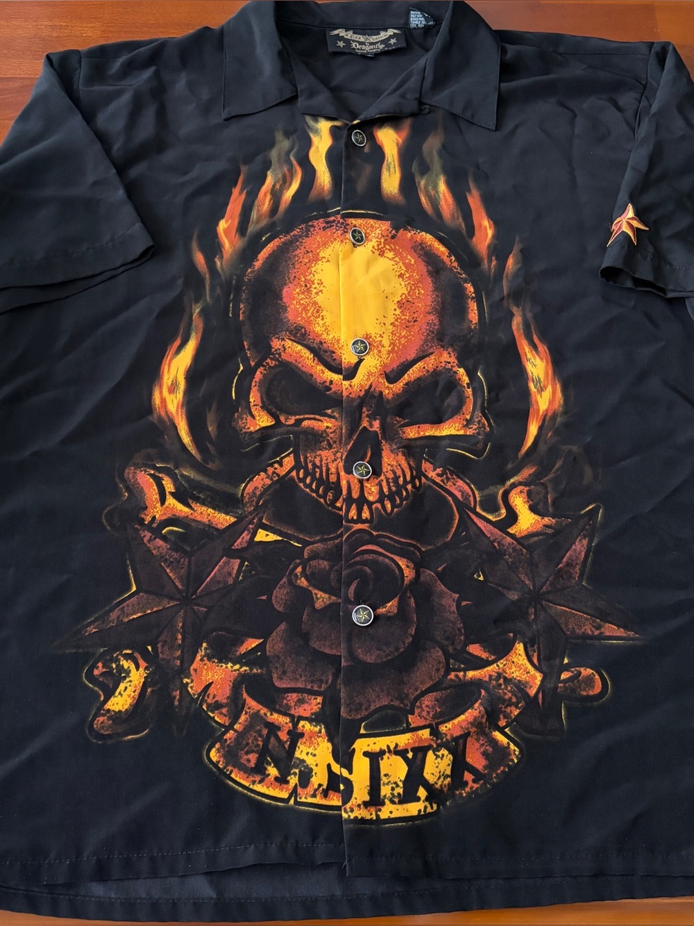 Dragonfly N.SIXX Skull Flame Shirt Mens XL Black Graphic Camp Collar Vintage Y2K